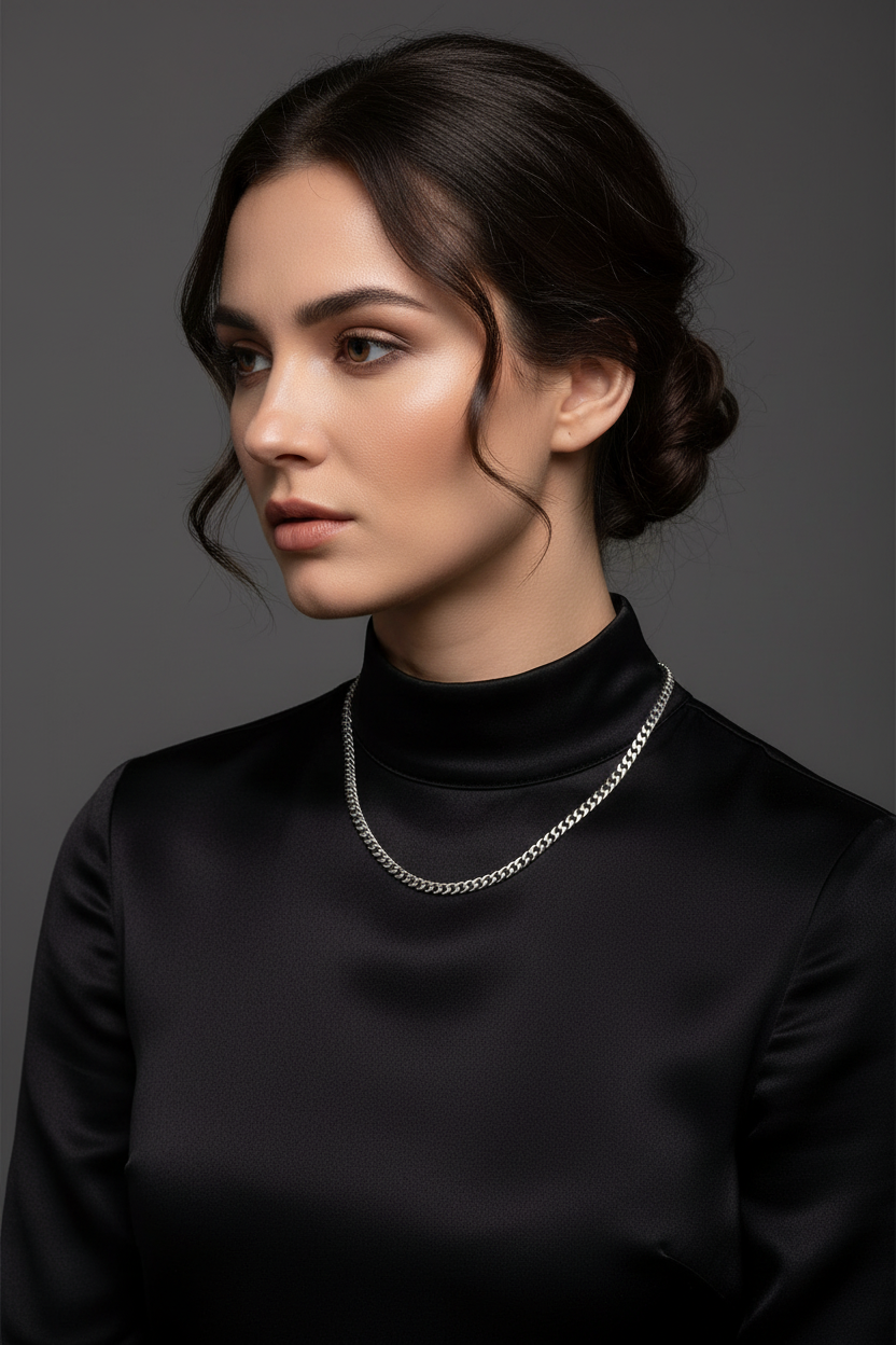 18-inch silver chain on black shirt