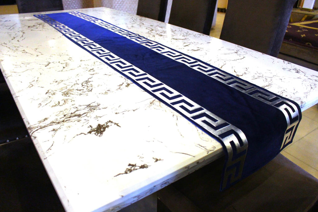 Luxury Velvet Table Runner + 6pc Placemats (Velvet-Blue Silver)