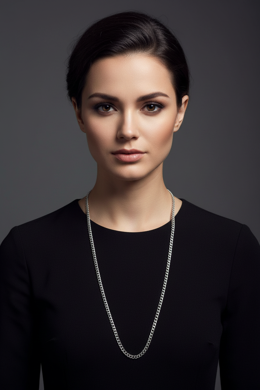 30-inch silver chain on black shirt