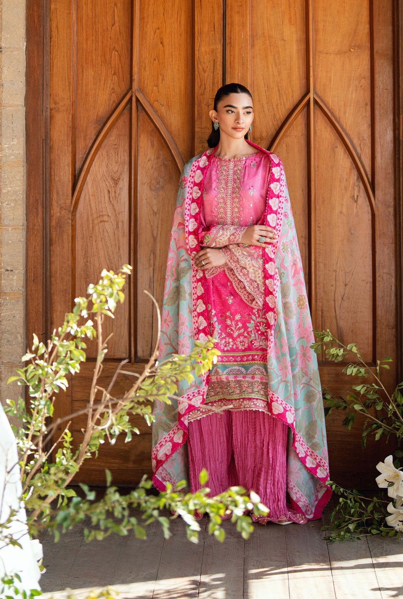 Hot Pink Embroidered Suit with Sharara & Dupatta