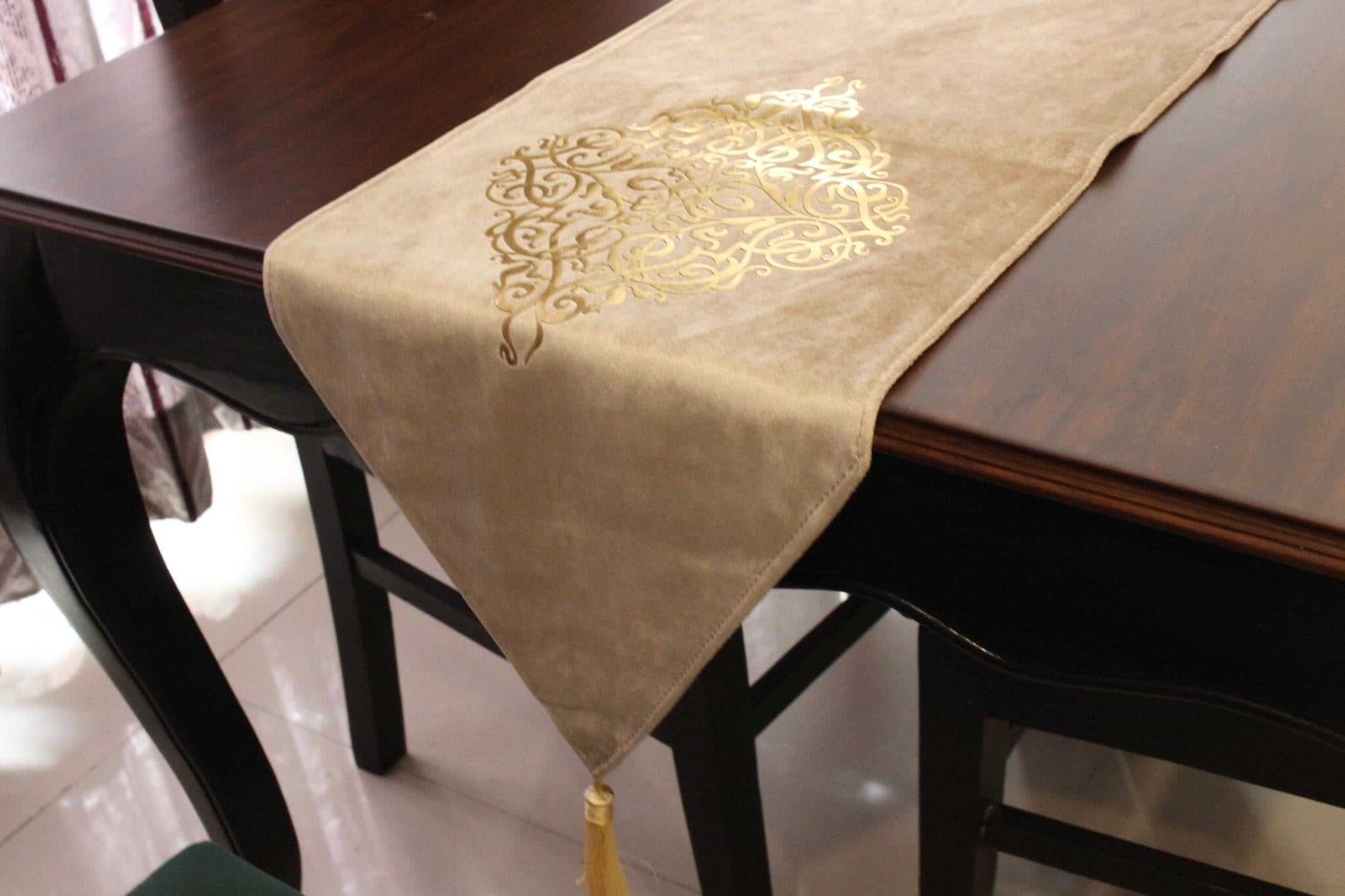 Xmas Table runner Luxury sparkle Pure Velvet 72 inches Beige with Gold Key