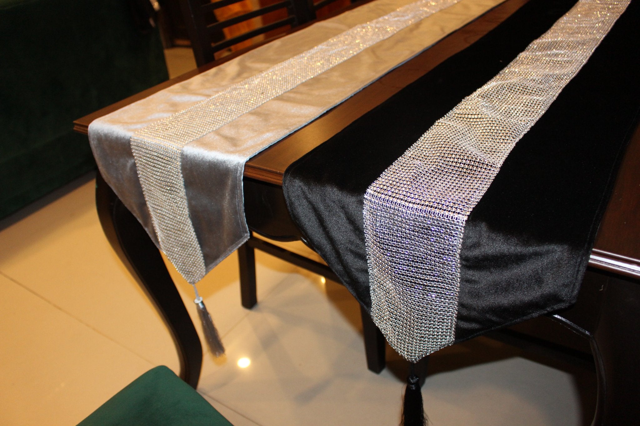 72" Luxury  Velvet Diamante Sparkle Table Runner Table Linen Tasseled BLACK/Grey