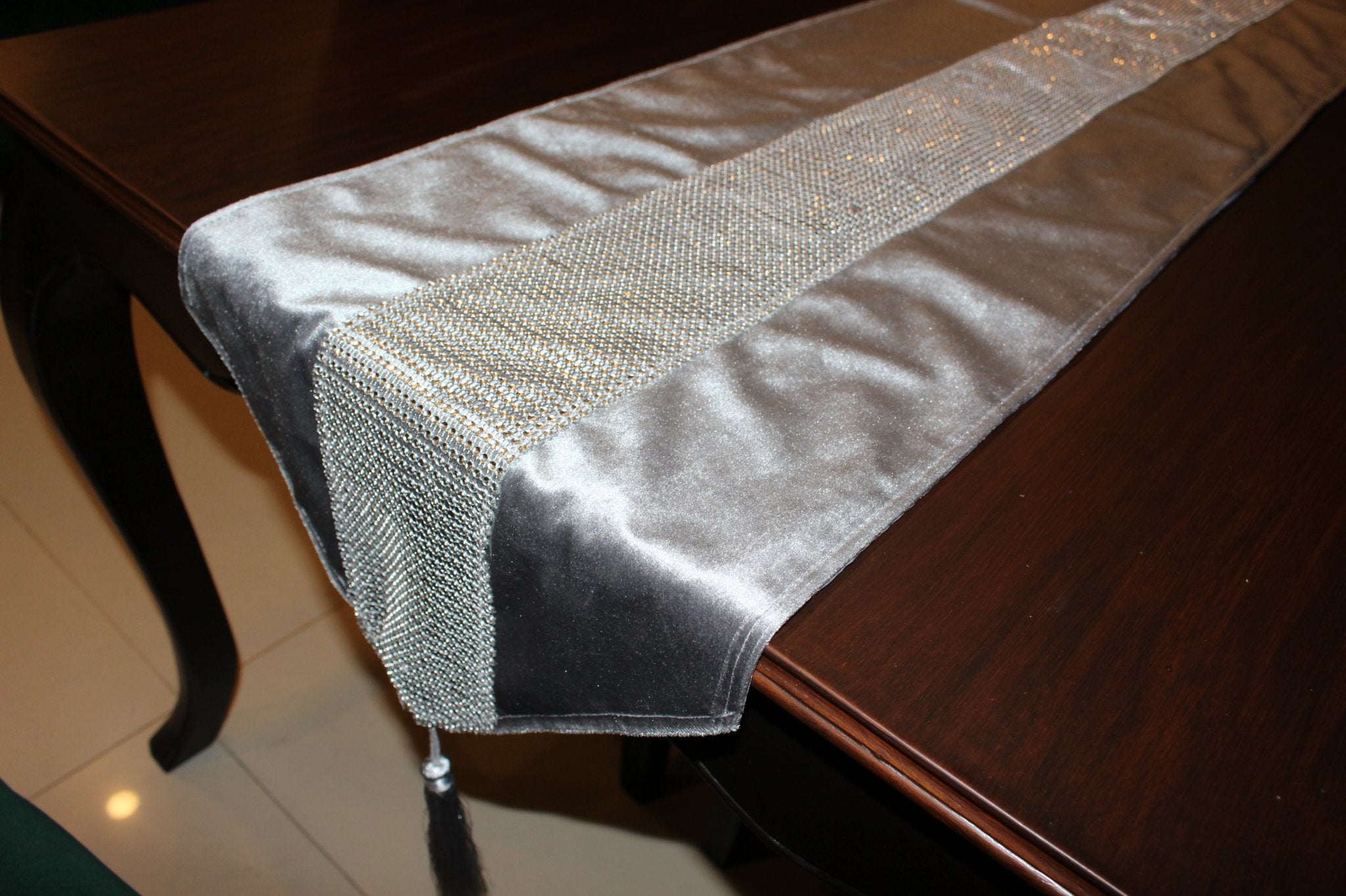 72" Luxury  Velvet Diamante Sparkle Table Runner Table Linen Tasseled BLACK/Grey