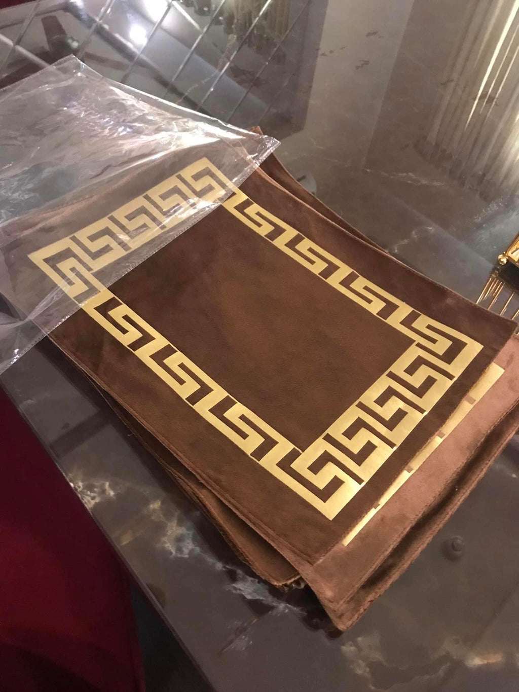 50%Off  Greek Style Luxury Velvet 83” Table Runner+6pc Placemats +(Brown)-Sale