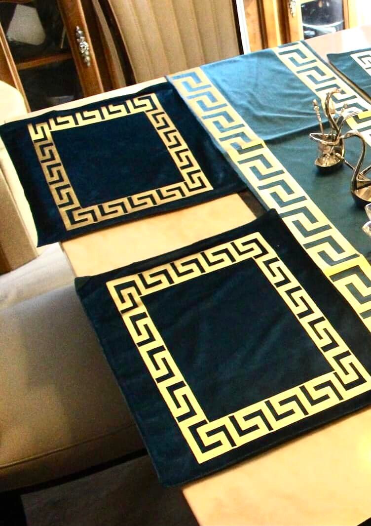 Luxury Velvet Table Runner +8Pc Placemats (Velvet-Green Gold)