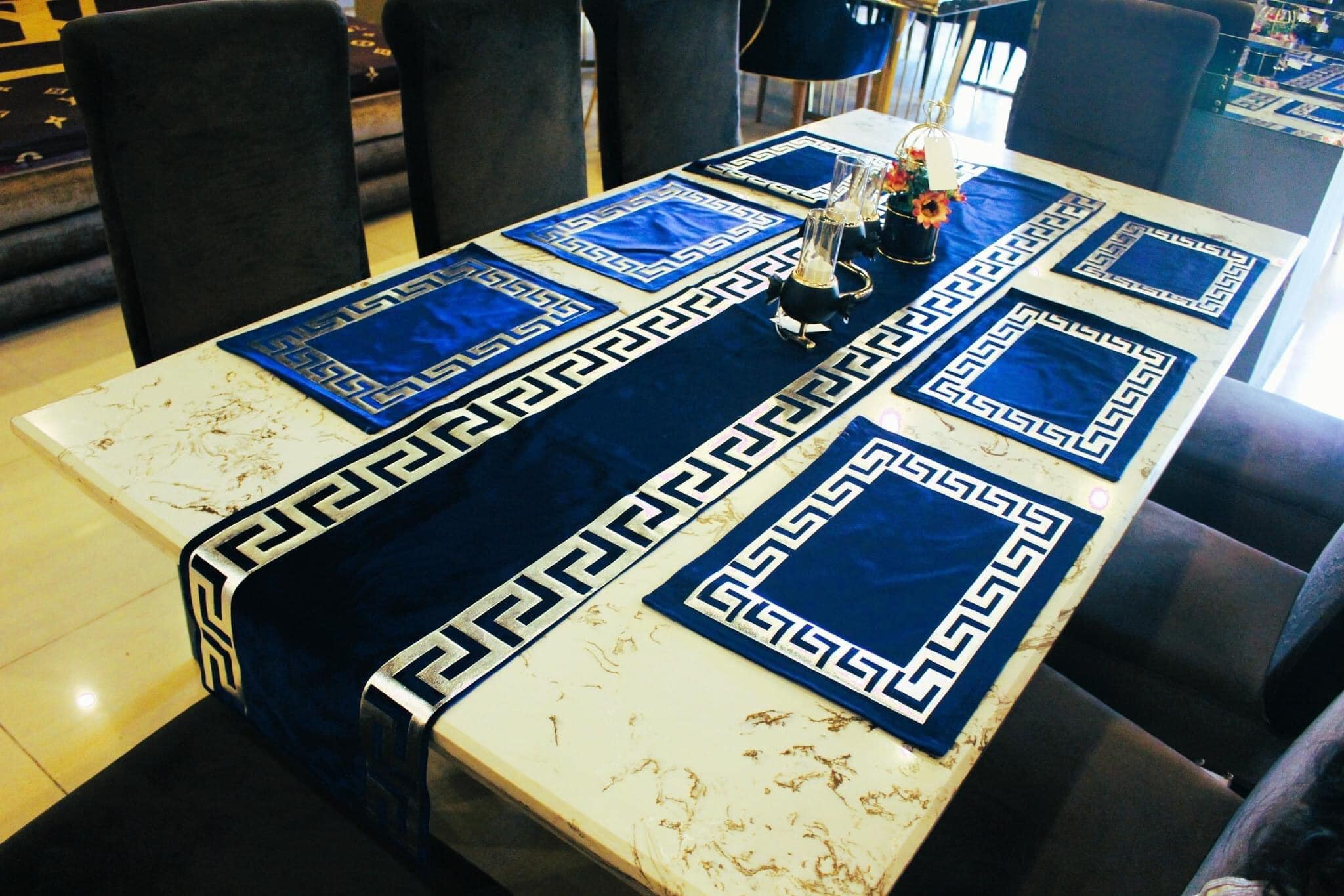 Luxury Velvet Table Runner + 6pc Placemats (Velvet-Blue Silver)