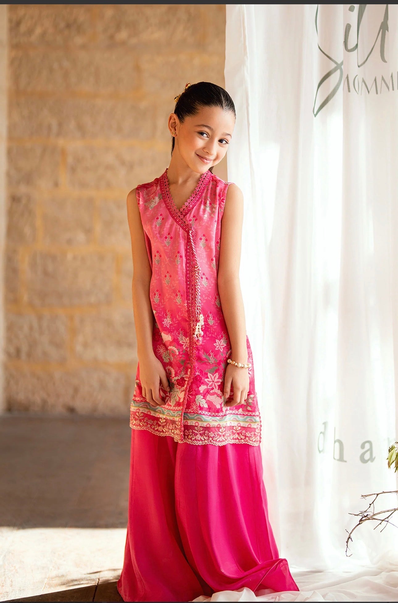 Girls' Hot Pink Embroidered Suit with Sharara (Ages 4–6)