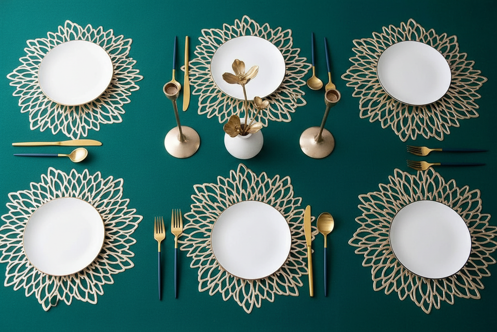 6 gold placemats on green surface