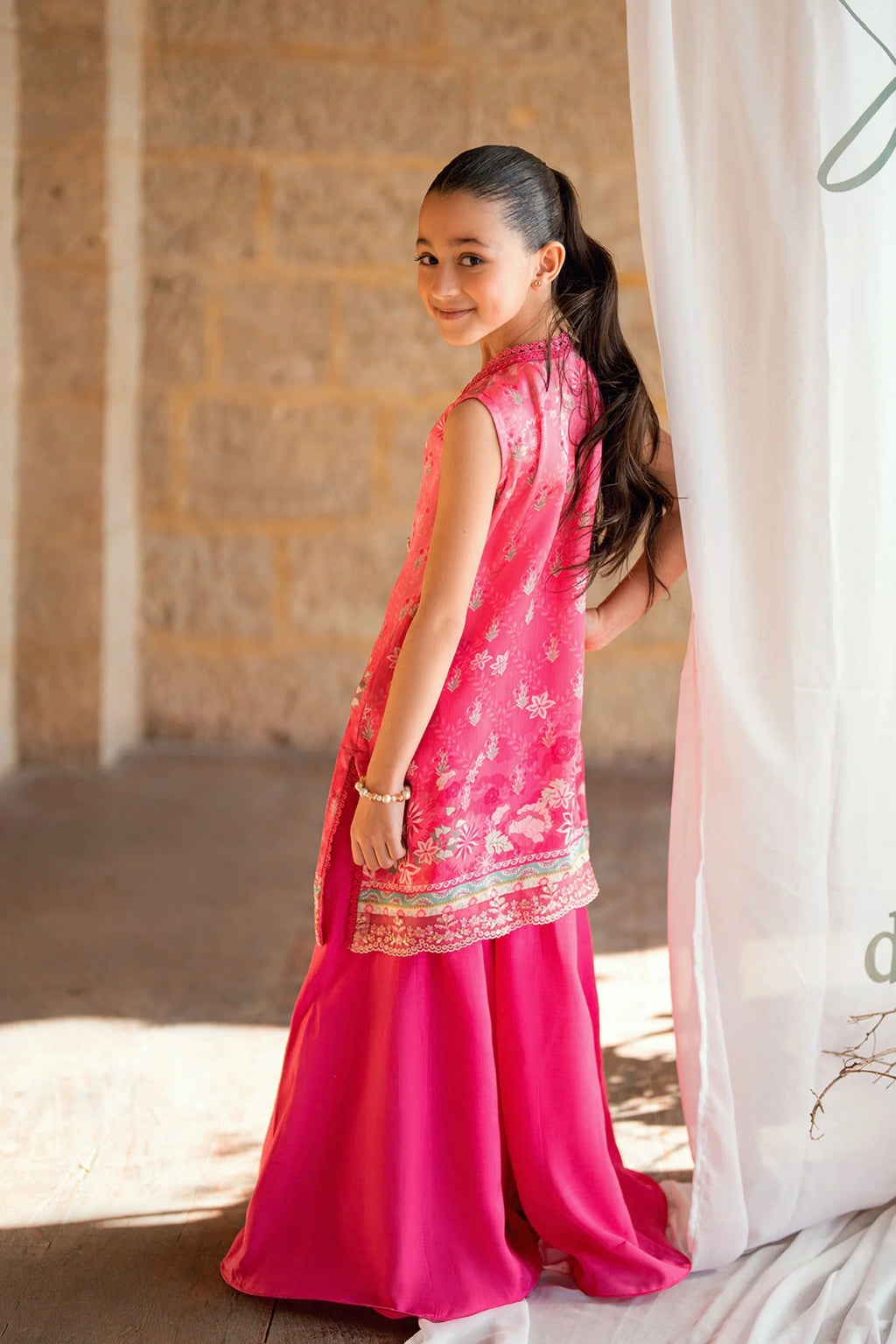 Girls' Hot Pink Embroidered Suit with Sharara (Ages 4–6)