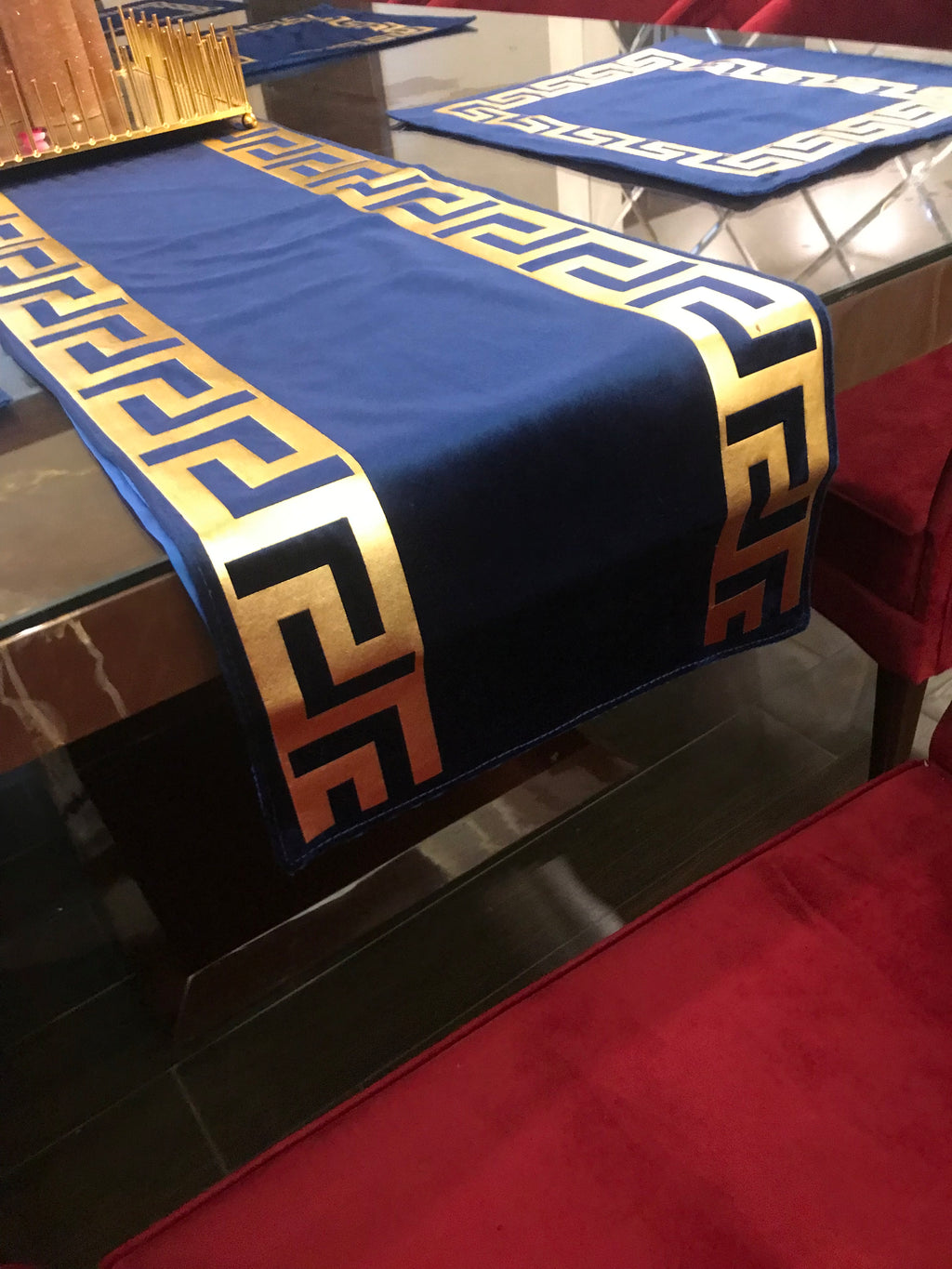 Table runner Luxury sparkle Pure Velvet 72" inches Blue with Gold/Silver Key