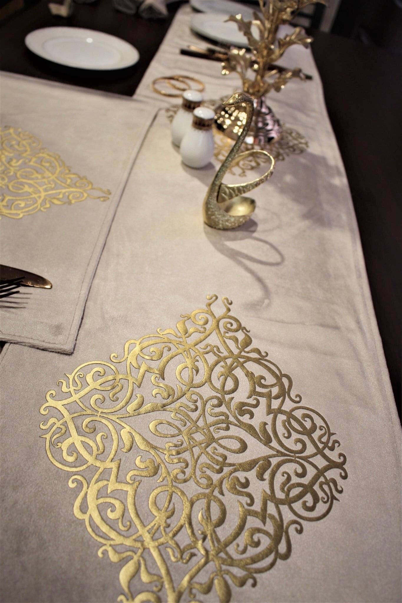 Xmas Table runner Luxury sparkle Pure Velvet 72 inches Beige with Gold Key