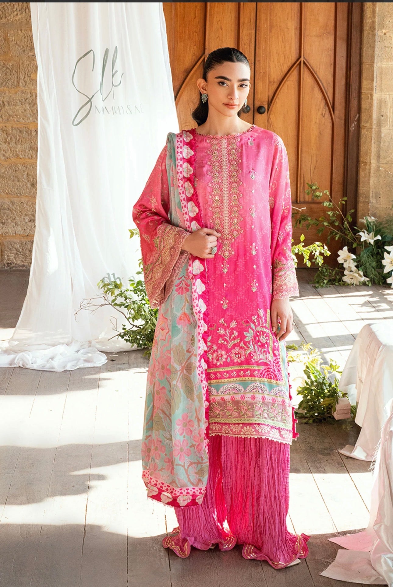 Hot Pink Embroidered Suit with Sharara & Dupatta