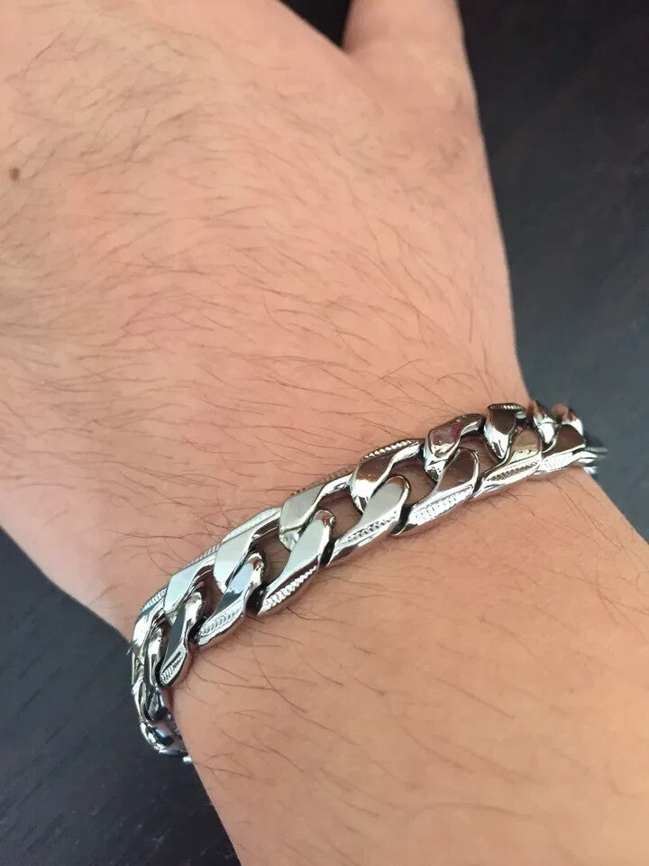Men's Silver plated solid Curb Cuban Link Chain Bracelet 20cm Long 1cm Wide