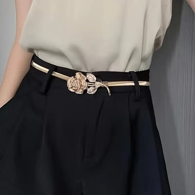 Women Elastic Belt Gold Flower Metal Thin Skinny Belt Waist Band