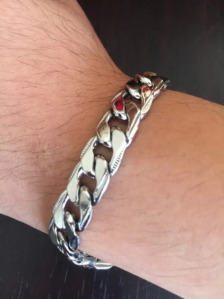 Men's Silver plated solid Curb Cuban Link Chain Bracelet 20cm Long 1cm Wide