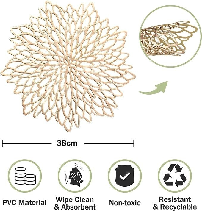 6PCS Gold Placemats Round Place Mat Kitchen Dining Mat Wedding Table flower