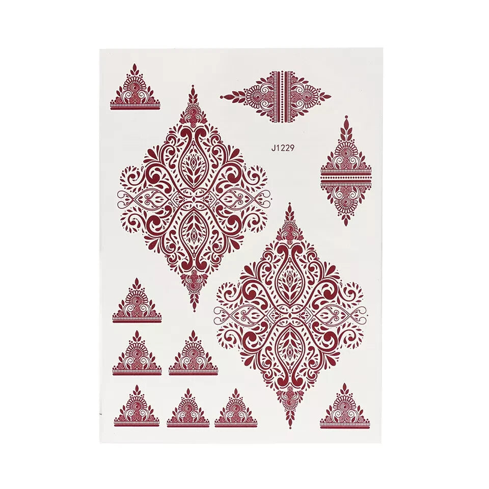 2 Temporary Tattoo Sticker Red Mandala Mehndi Henna Body Art Sticker Transfer