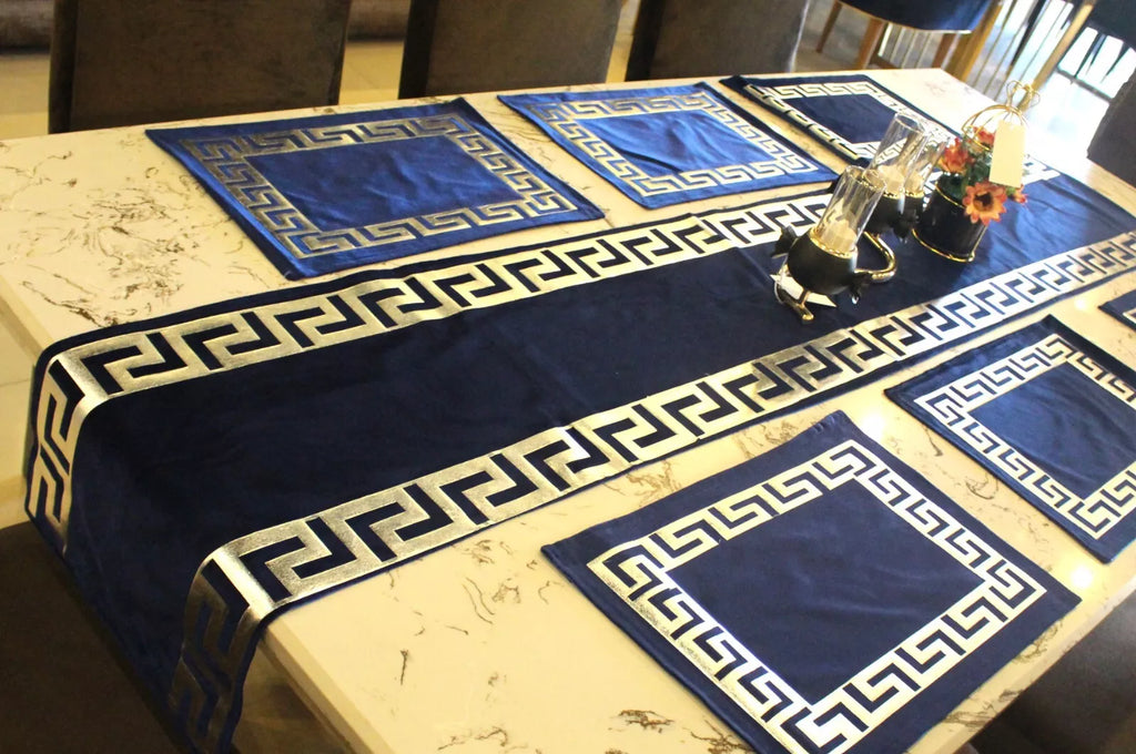 Luxury Velvet Table Runner + 6pc Placemats (Velvet-Blue Silver)