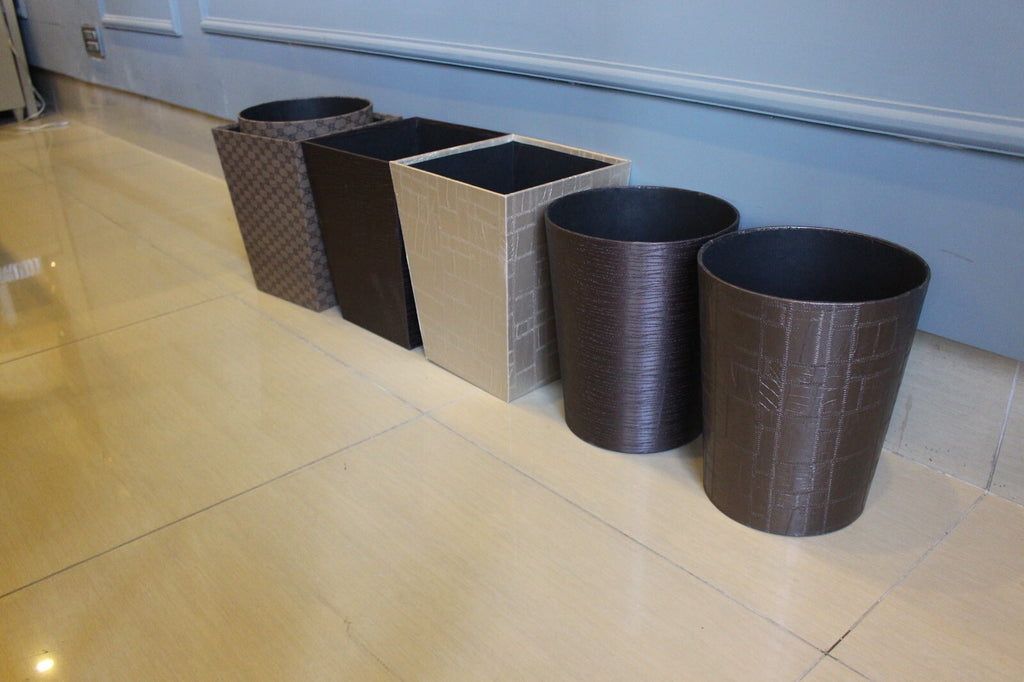 BASKET BOX WASTE PAPER BROWN PU LEATHER STORAGE STITCH DETAIL ROUND