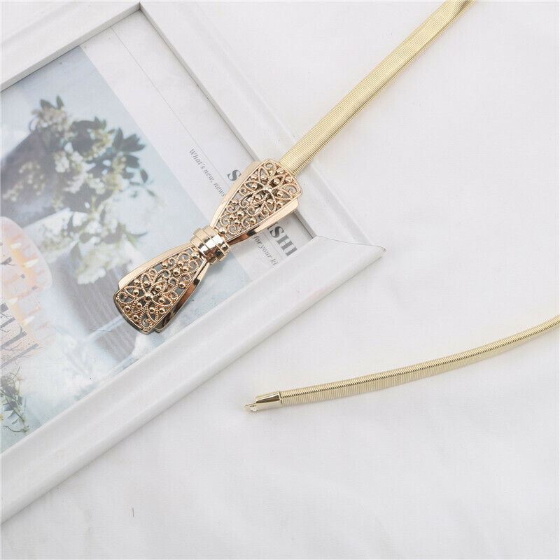 Women Elastic Belt Gold BOW BUCKLE Metal Thin Skinny Belt Waist Band