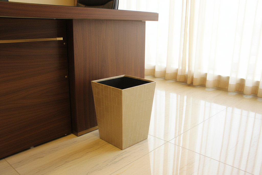 Beige square waste basket beside desk