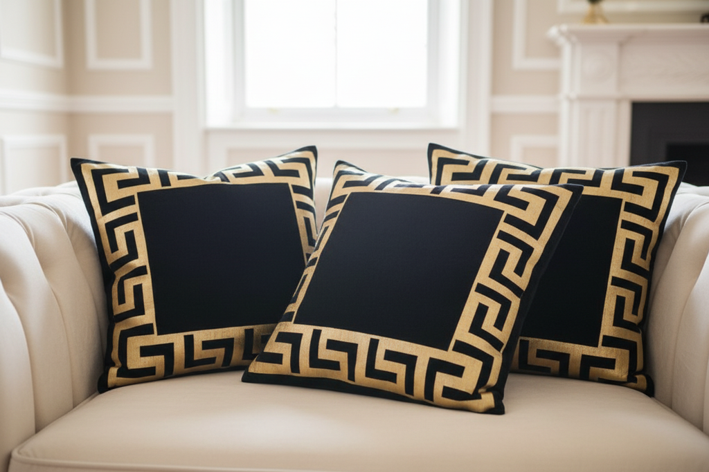 Black and gold Greek key border cushions on sofa