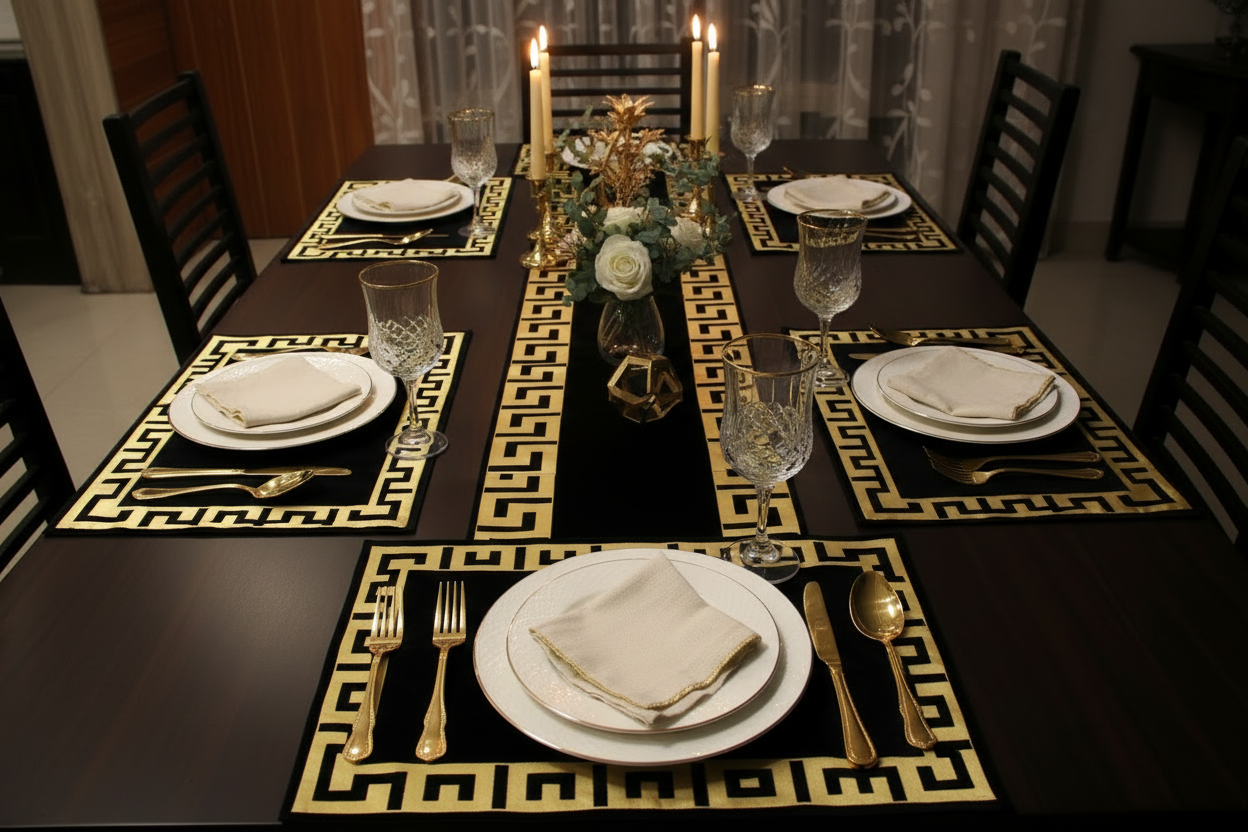 Black and gold table runner with 6 placemats