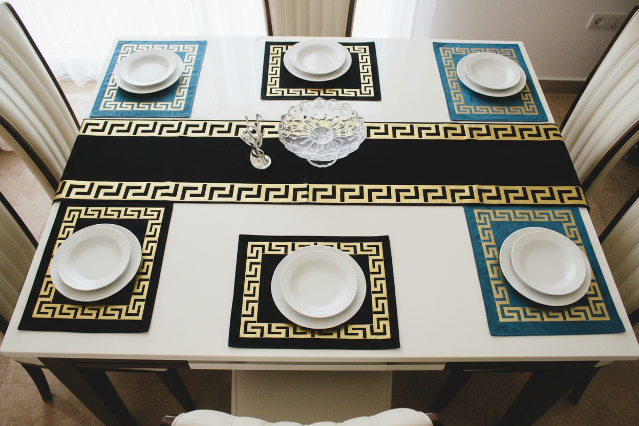 Black and turquoise luxury table runner - third angle