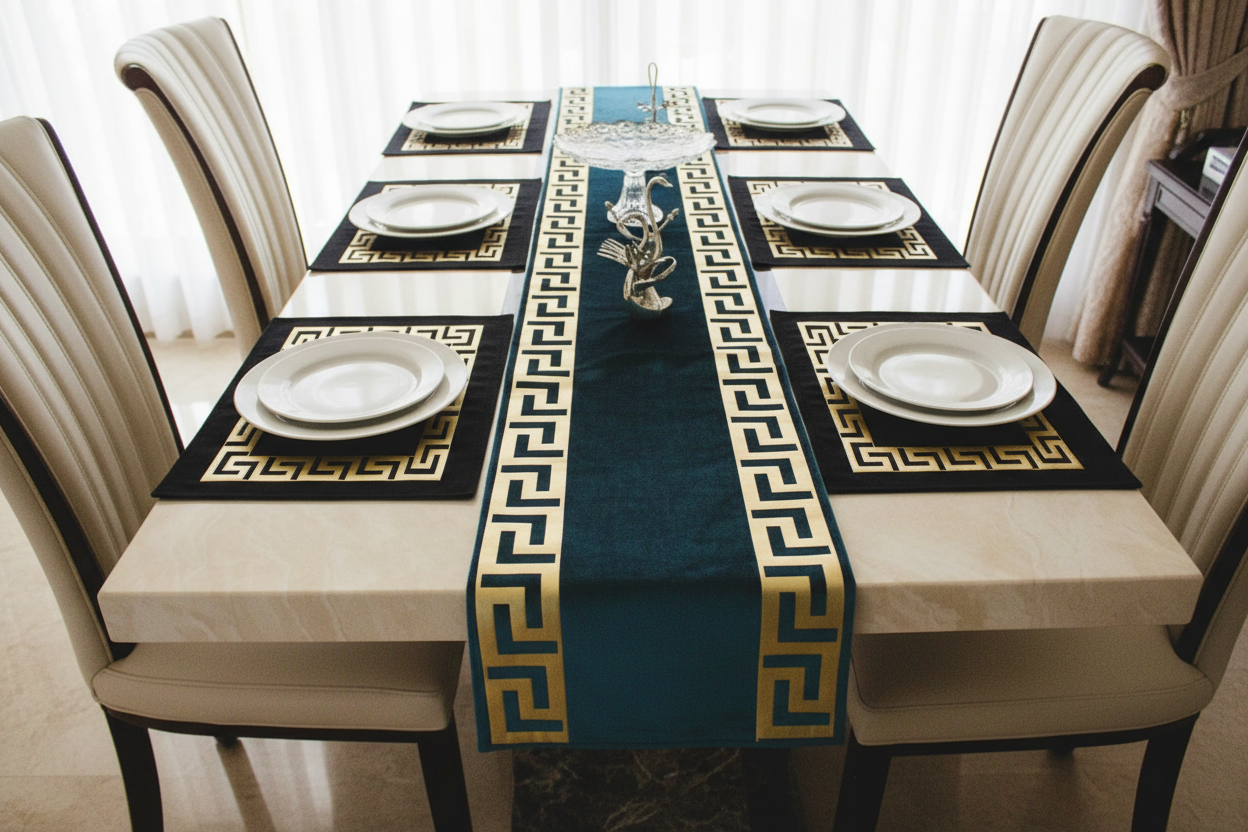 Black and turquoise luxury table runner with gold Greek key pattern - alternate angle