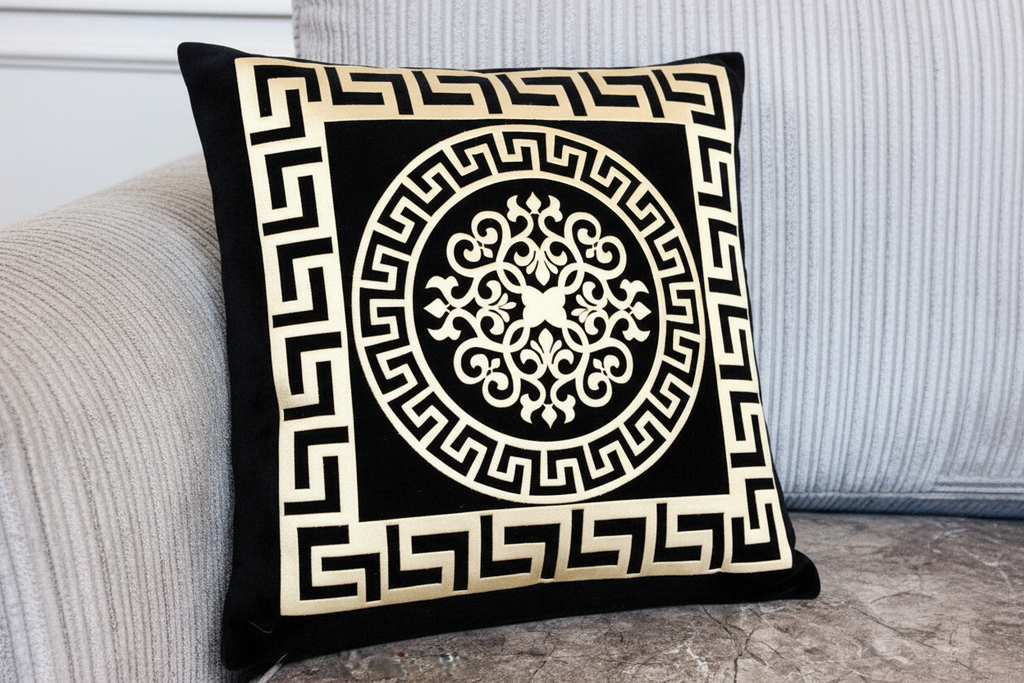Black Greek key cushion close-up on sofa