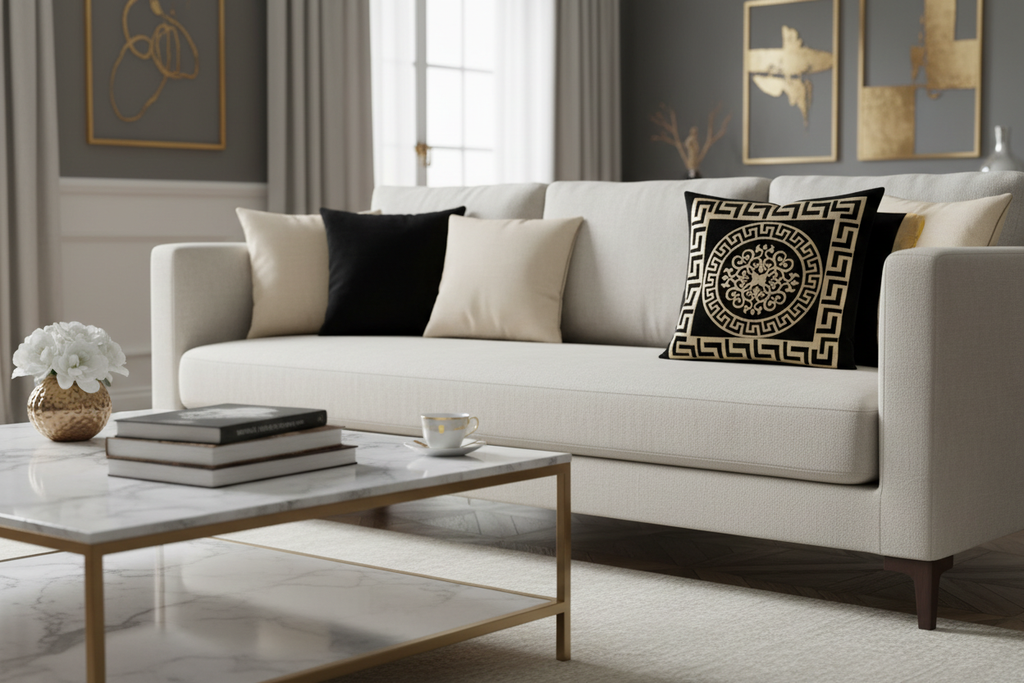 Black Greek key cushion on elegant sofa