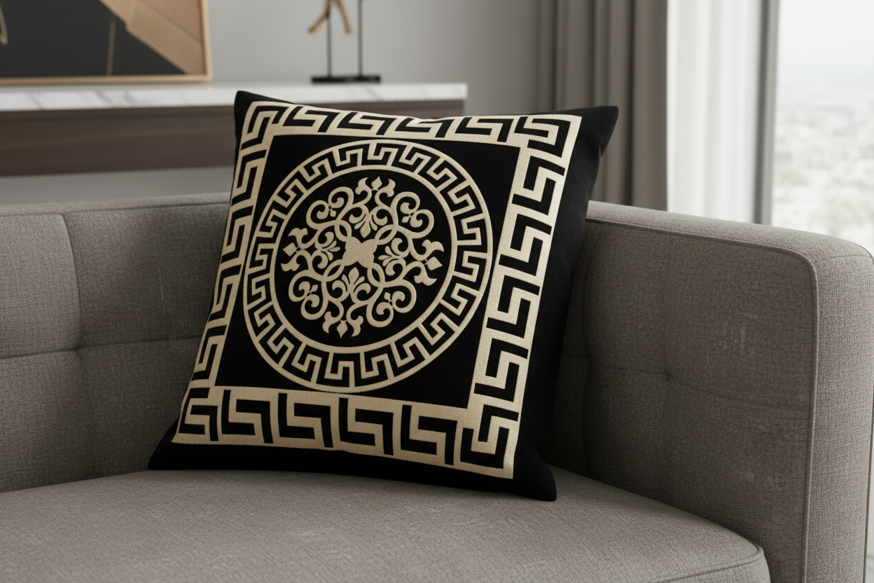 Black Greek key cushion side angle on sofa
