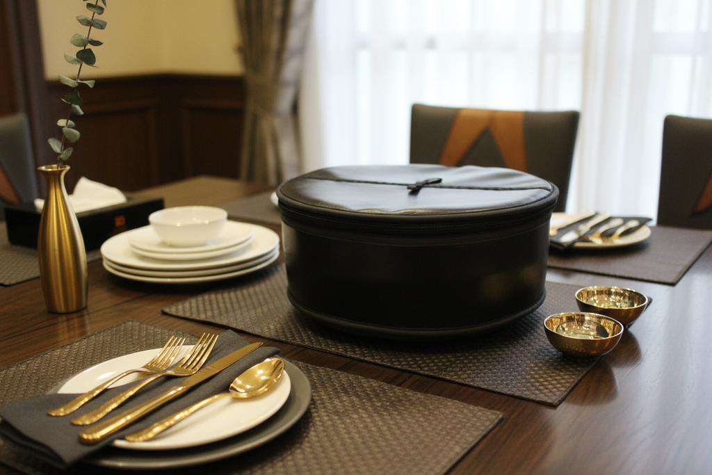Black leather roti basket on dark wood table