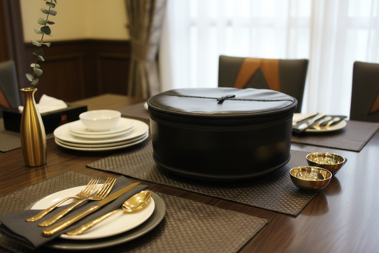 Black leather roti basket on dark wood table