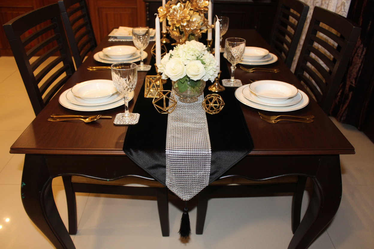 Black velvet table runner with rhinestones and elegant decor