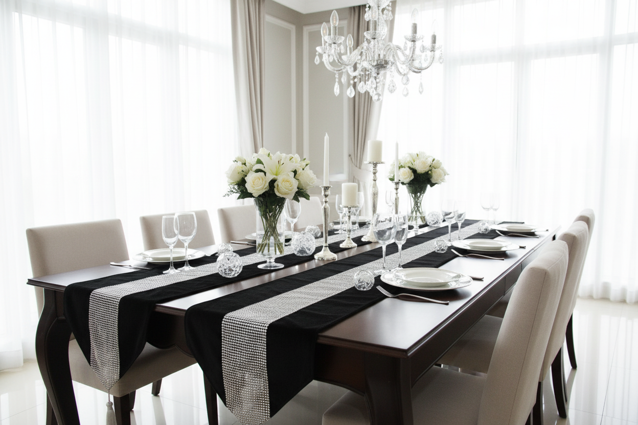 Black velvet table runners with silver rhinestones in bright elegant room