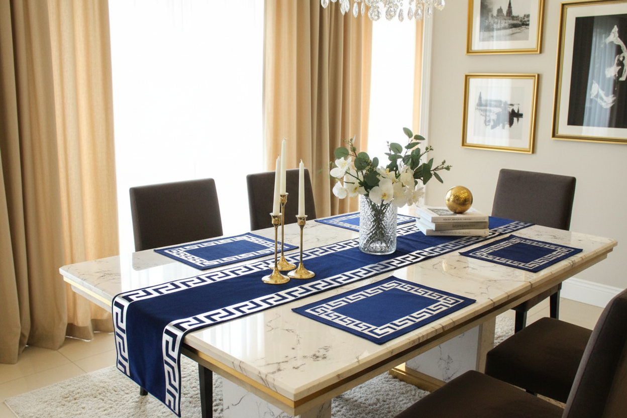 Blue Velvet Table Runner - Elegant Room Setting