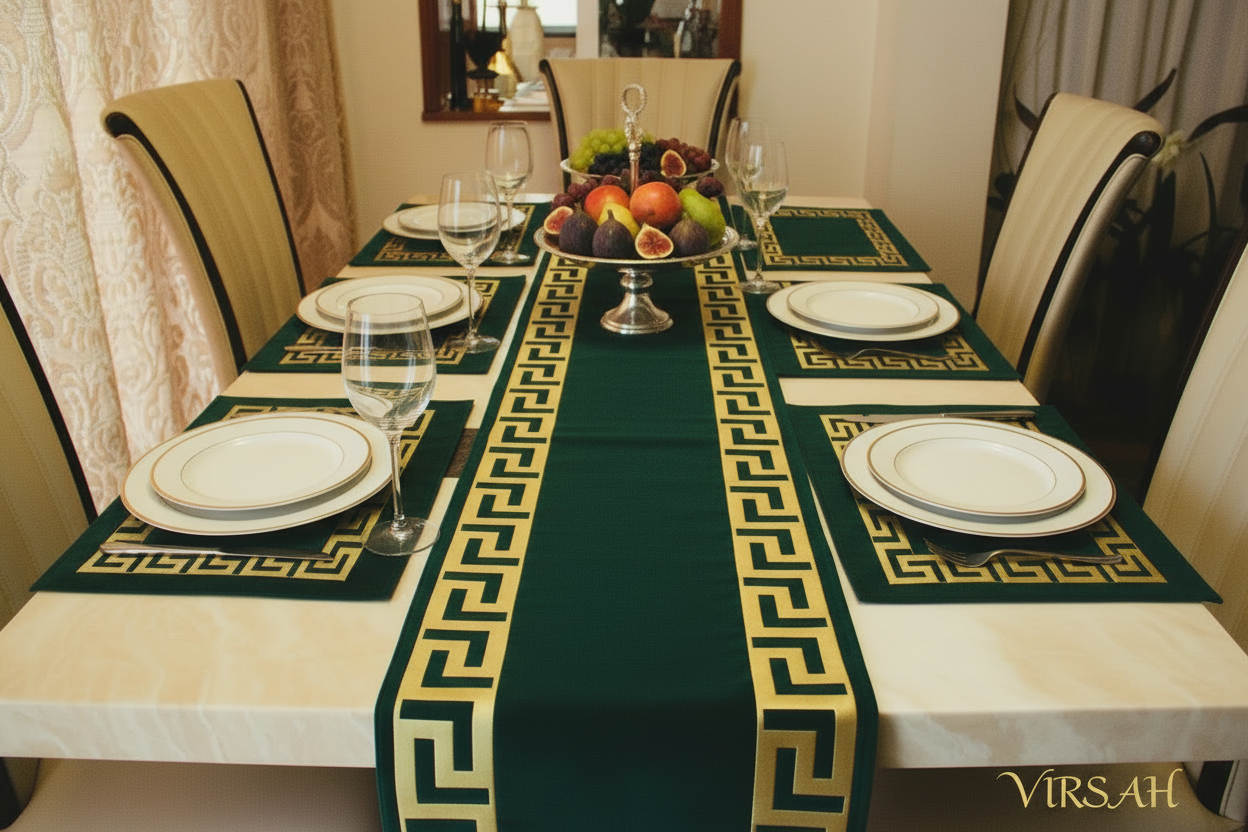 Bottle green Greek key table linens on elegant dining table