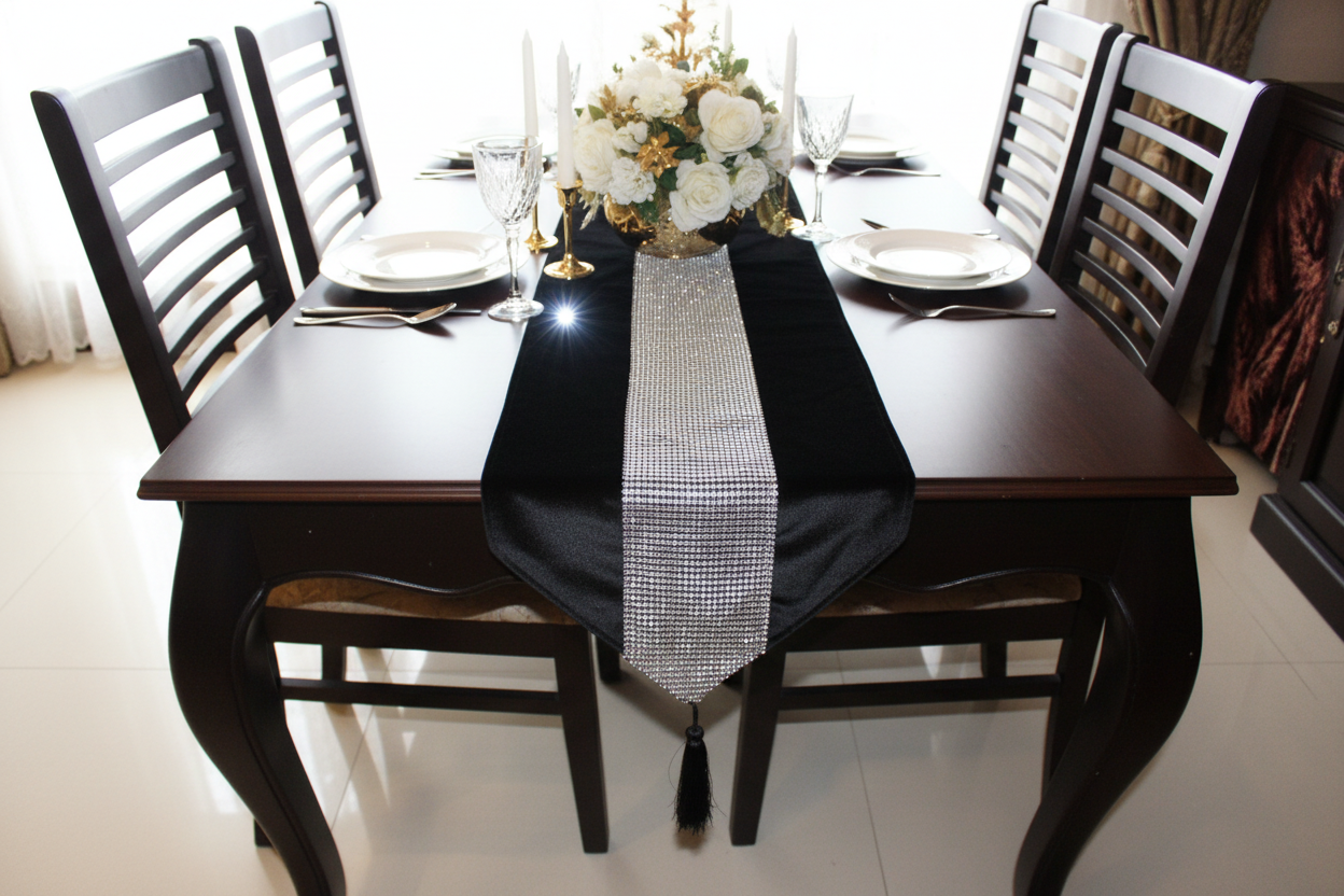 Bright side angle of black velvet table runner with decor