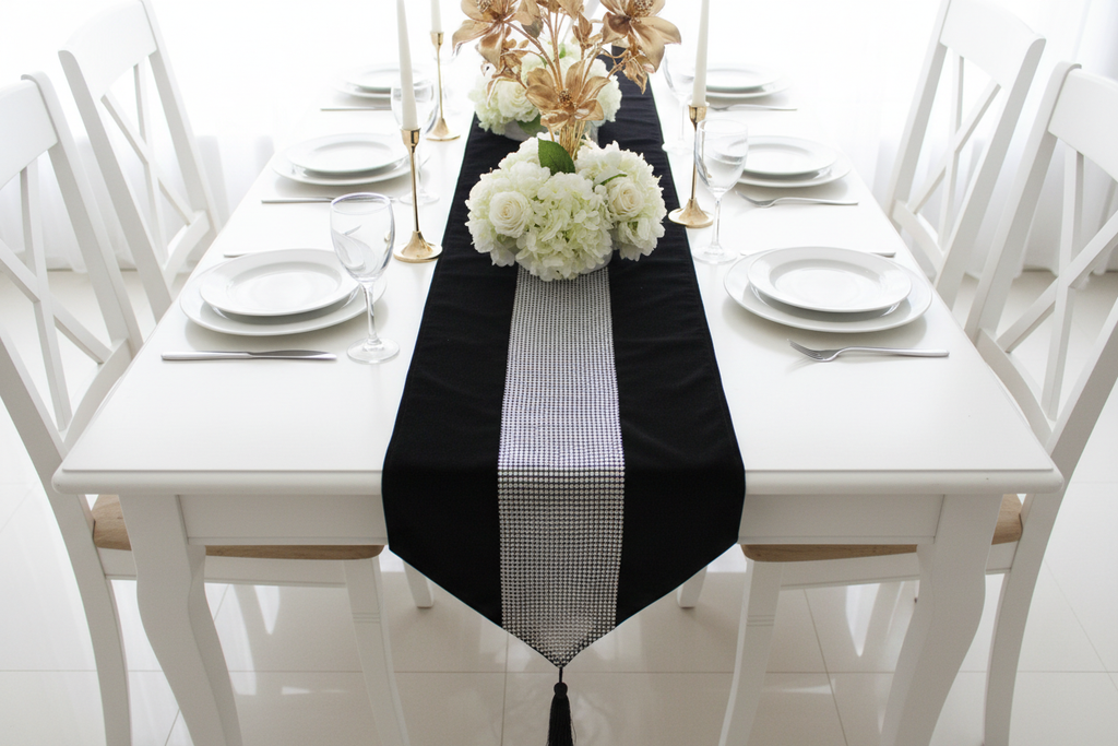 Bright top angle of black velvet runner on white table