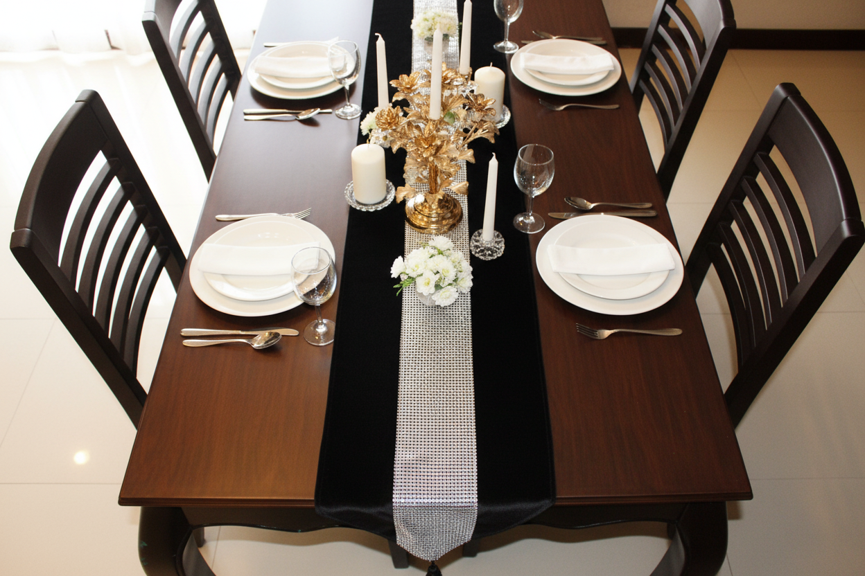 Bright top angle of black velvet table runner with decor