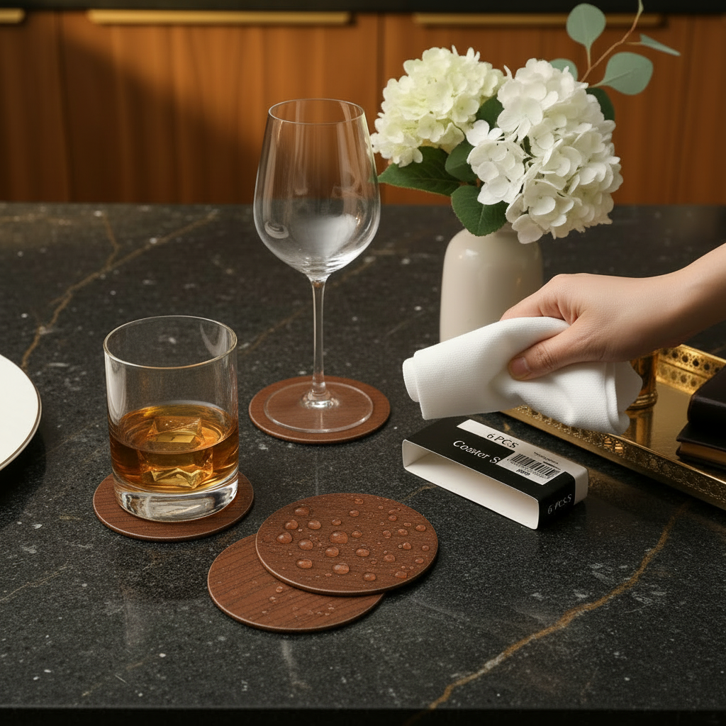 Brown Faux Leather Coaster Water-Resistant Demo - Textured