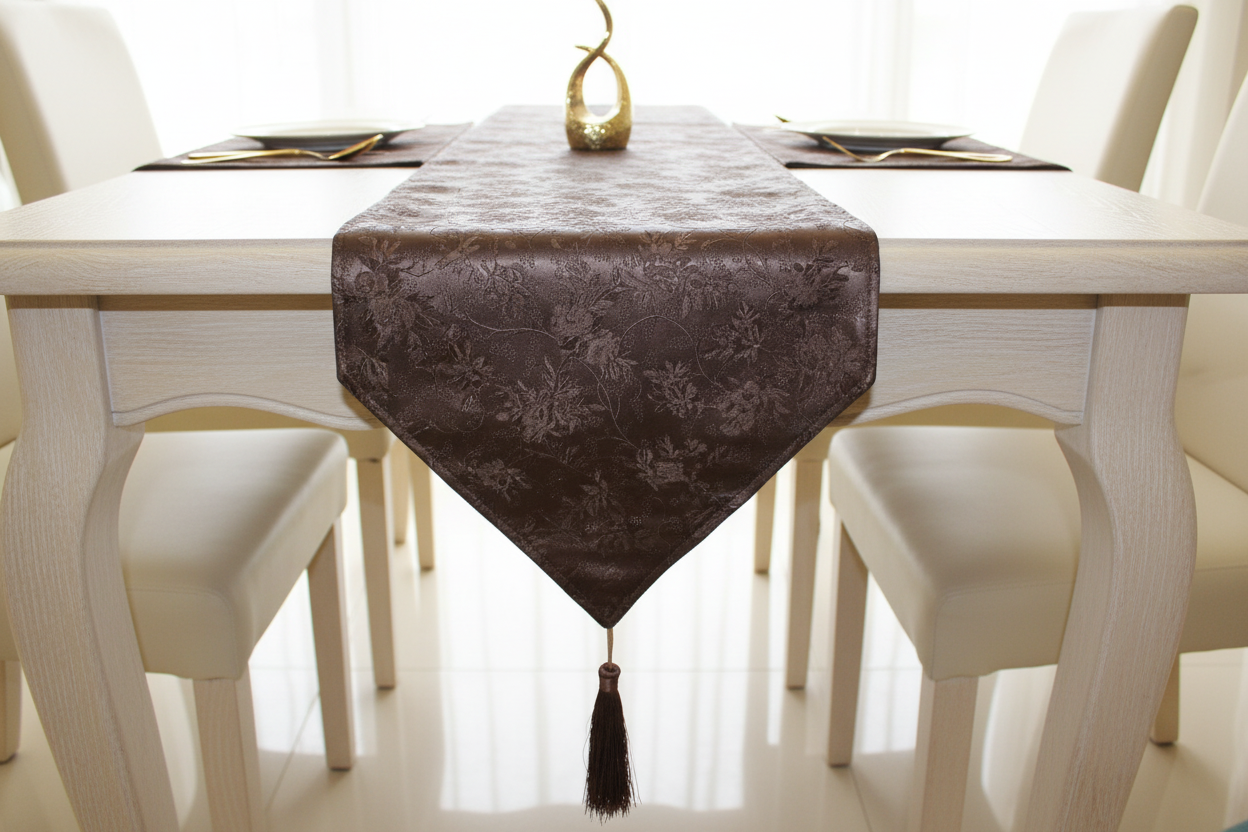 Brown faux leather table runner on light wood table