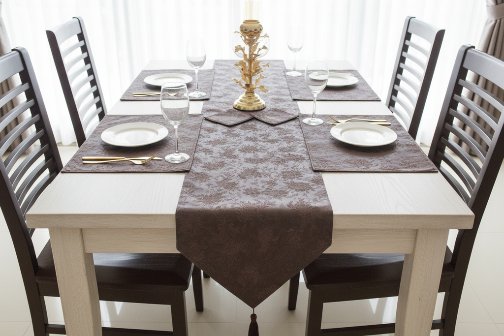 Brown faux leather table runner set on light wood table