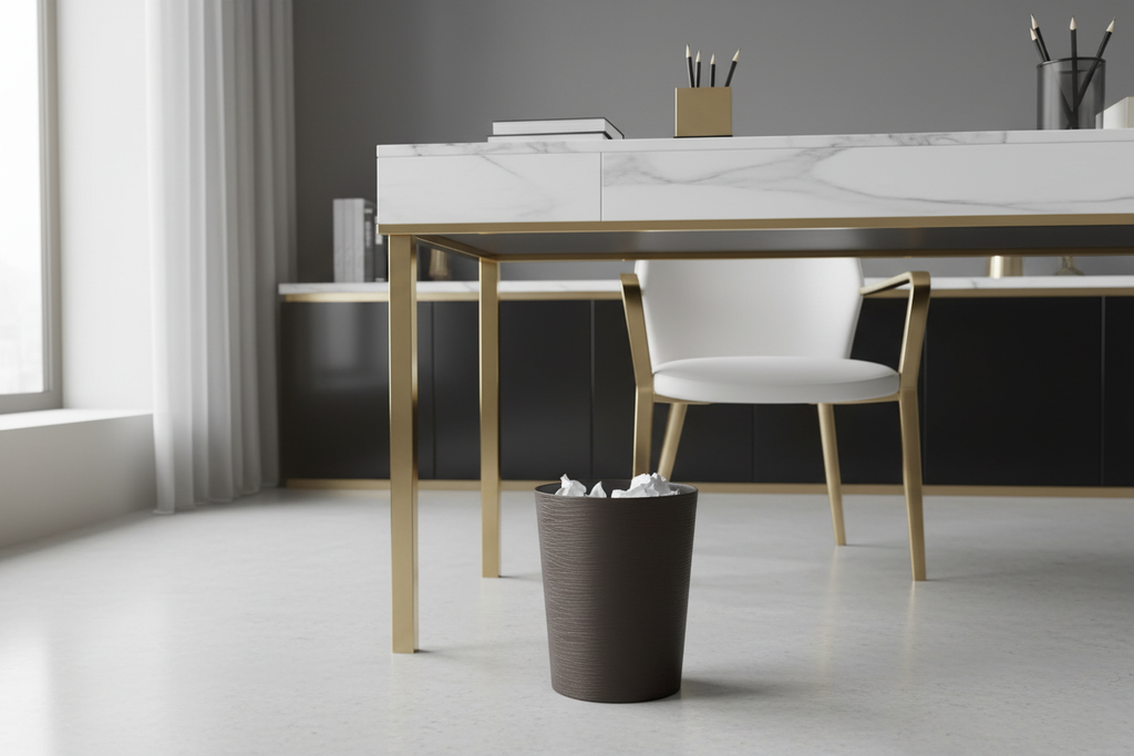 Brown round waste bin beside desk