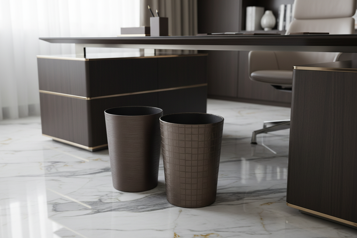 Brown round waste bins beside desk