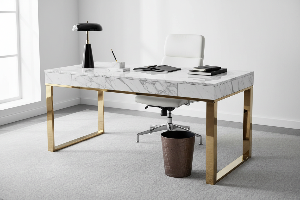 Brown textured round waste bin beside desk