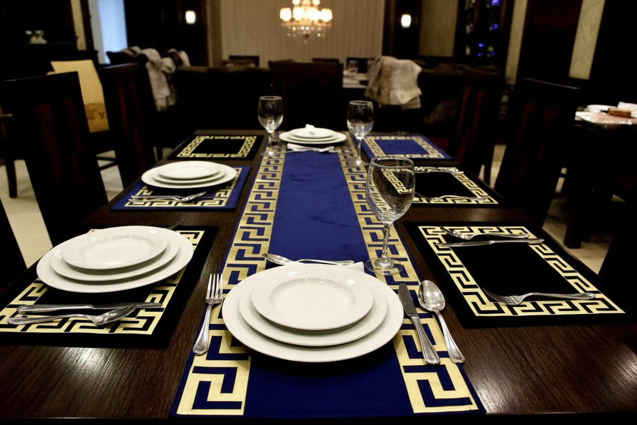 Close-up of luxury table runner set with Greek key pattern