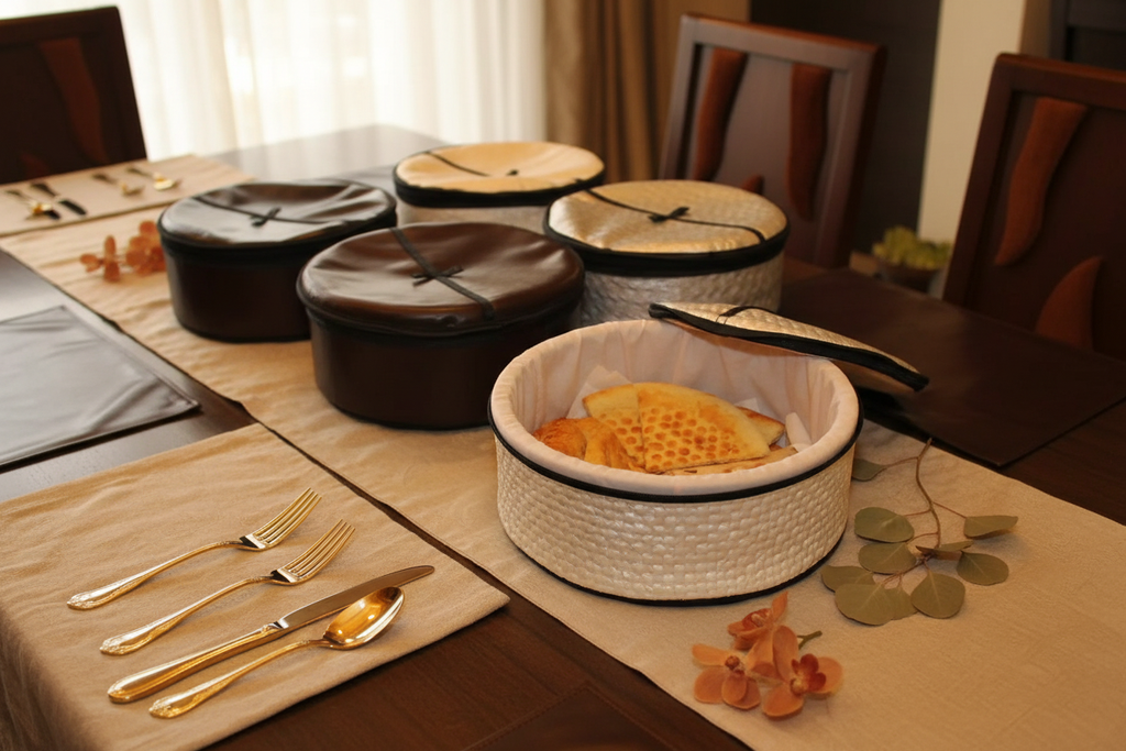 Collection of roti baskets on dining table
