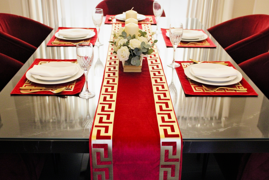 Red and Gold Greek Key Table Linen Set